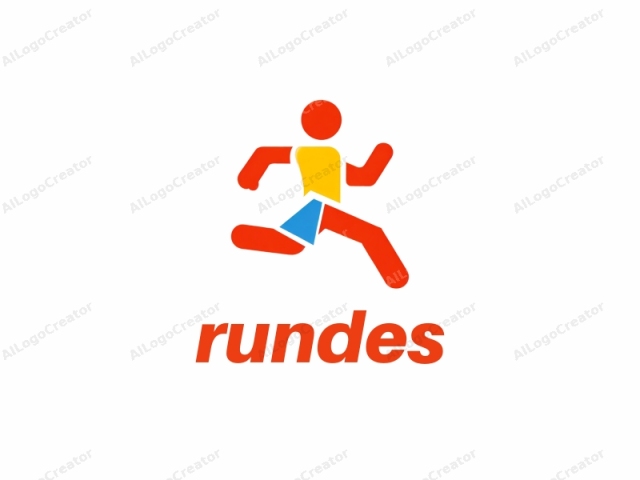 This is a minimalist, abstract, and stylized logo image depicting a running figure. The figure is composed of three distinct, solid color segments: a bright red body, a yellow torso, and a blue lower body, including legs. These segments