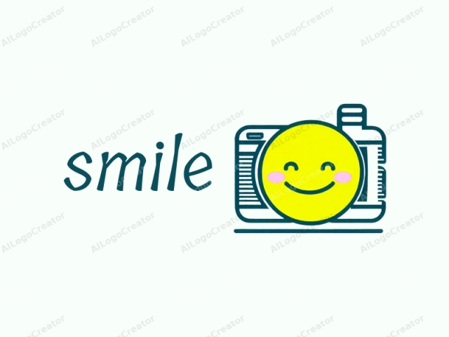 This simple, flat digital logo features a large, round, smiling face at its center. The face is depicted in a cheerful manner with a wide, friendly smile, small rosy cheeks, and closed eyes, symbolizing happiness and positivity. The