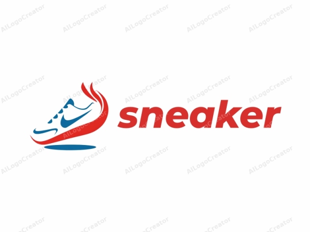 Dieses Logo ist eine minimalistische grafische Darstellung eines Nike-Sneakers im Stil einer stilisierten, abstrakten Illustration. Der Sneaker ist in einem einfachen, flachen Design mit minimaler Schattierung gezeichnet und besteht aus drei verschiedenen Farben: Rot, Blau und