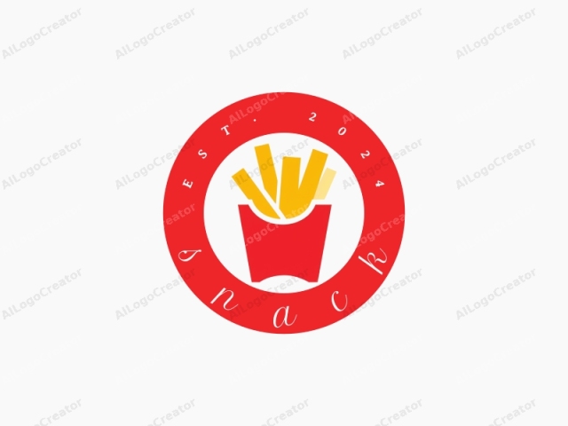 This is a simplified, minimalist logo of a McDonald's french fry container, featuring a bright, vivid color palette. The main container is a bold, solid red with a rounded base and a tapered top. Inside the container, there are four golden