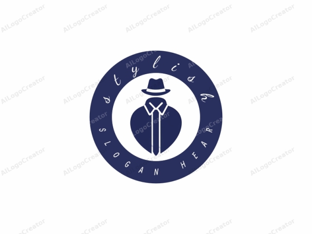 Dies ist ein minimalistisches Logo in einem dunkelblauen, flachen Farbschema. Das zentrale Motiv ist eine Silhouette eines Mannes mit einem Fedora-Hut, der leicht nach links geneigt ist, und einem Business-Anzug. Der Mann wird im Profil dargestellt.