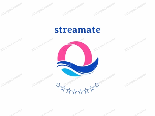 This is a minimalist abstract logo, featuring two distinct color blocks and fluid, dynamic lines. The central image consists of a large pink circle overlaid by a smaller white circle. To the right, a bold blue wave swoops downward, creating a