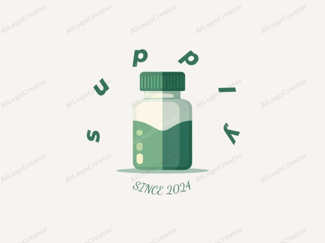 The image is a digital drawing in a minimalist, flat design style, characterized by clean lines and solid colors. It depicts a small, square bottle with a round cap, standing against a plain, light beige background. The bottle is predominantly green,