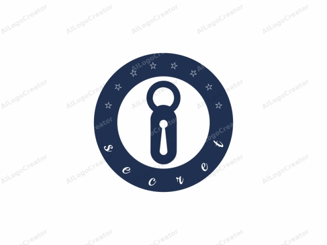 This is a simple, minimalist logo design featuring a dark blue silhouette of a key. The key is positioned centrally on a white background. It is composed of two major elements: the keyhole and the blade. The keyhole, which occupies the