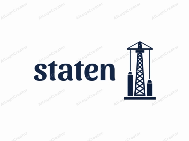 presentando un diseño simple y monocromático. Este logo, renderizado en un estilo minimalista, es una silueta de color azul oscuro de una grúa torre. La grúa se representa en el centro con una torre metálica rectangular alta y dos grandes soportes de base en la parte inferior,