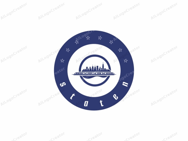 que presenta un diseño estilizado y minimalista. La imagen consta de un emblema circular azul rodeado por un fondo blanco. Dentro del círculo, el tema principal es una representación simplificada y abstracta de un horizonte de ciudad, representado en tonos de azul