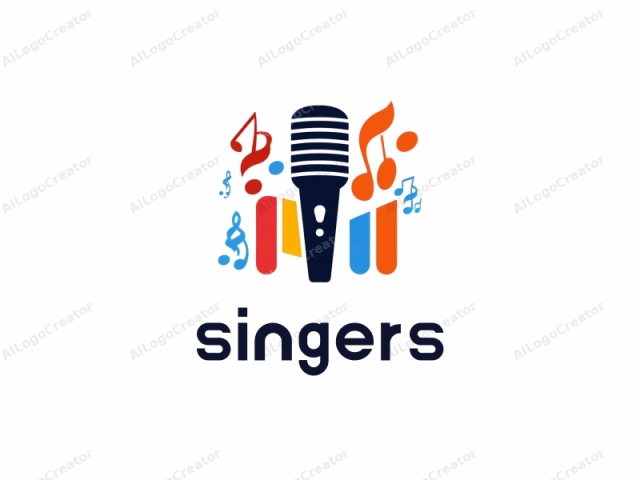 in vector illustration style. This is a stylized, colorful logo featuring a microphone in the center. The microphone is dark blue, with prominent horizontal white stripes indicating its ribbed texture. Surrounding the microphone are various musical notes, each in a distinct