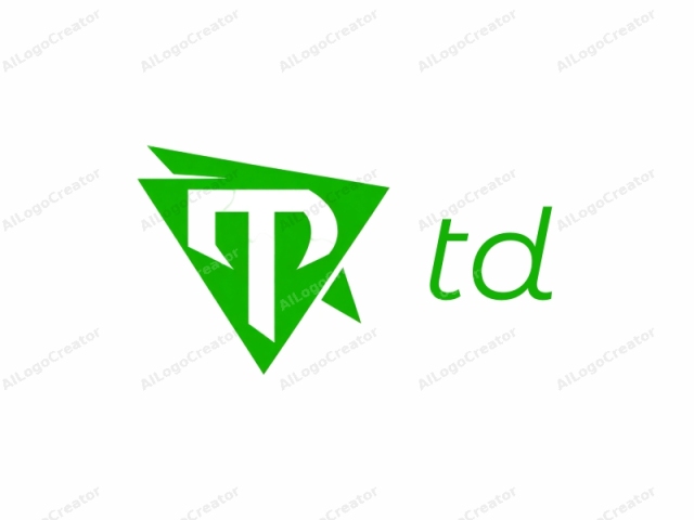 Este es un logo gráfico digital que presenta una forma triangular con un vértice afilado y angulado apuntando hacia abajo. El triángulo está relleno de un vibrante color verde sólido que destaca prominentemente sobre el fondo blanco. En el centro del triángulo, un blanco,