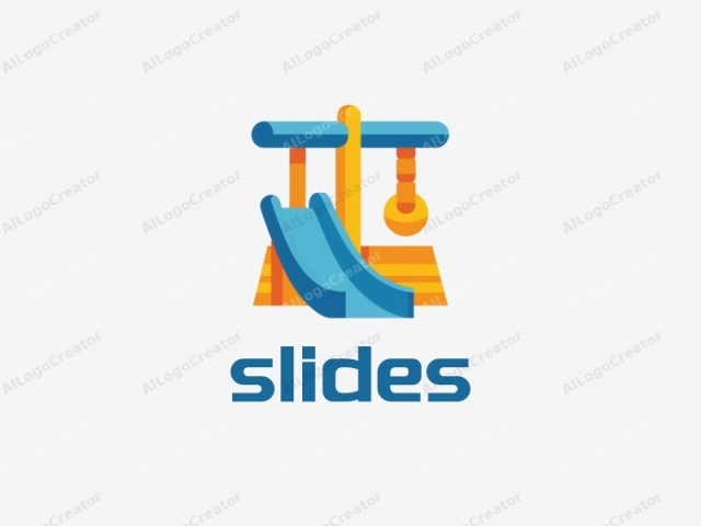 This is a minimalist digital illustration depicting a simple playground swing set. The swing set is composed of three primary elements: a blue, curved slide that extends from the top left to the bottom right, an orange platform with horizontal support bars in the middle