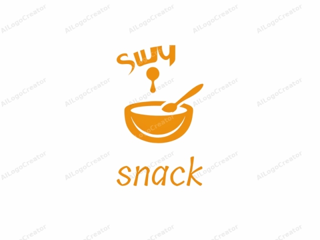 This is a minimalistic vector graphic in a bright orange hue, showcasing a bowl and a spoon. The bowl, depicted centrally, is round with smooth edges, symbolizing a generic food container. It appears full, suggesting the presence of liquid or