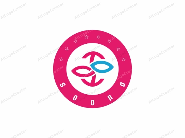 que representa un diseño abstracto estilizado. El logotipo presenta un diseño simétrico y minimalista. En el centro de la imagen hay una gran línea curva rosa que forma una forma circular, con un óvalo azul más pequeño incrustado dentro del círculo rosa. El óvalo azul