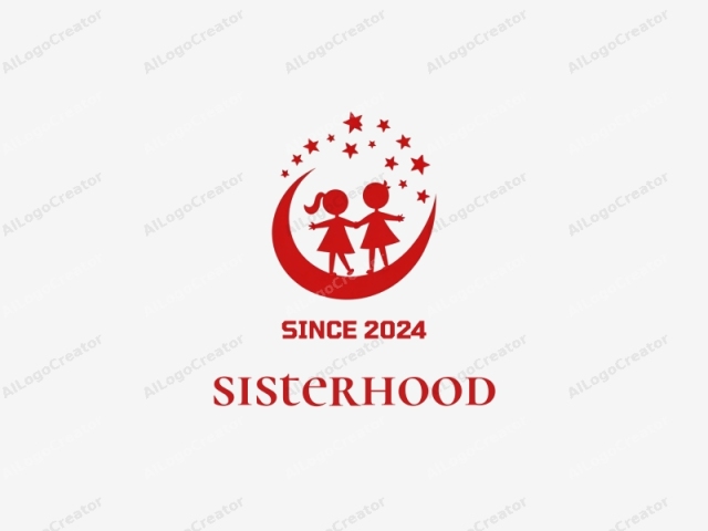 This is a minimalist, digital logo featuring stylized, silhouette illustrations. The main element is a curved, semi-circular shape, representing a crescent moon, which dominates the composition. The crescent is in a vibrant red color and is positioned