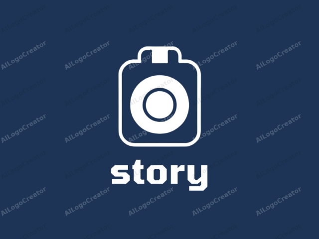 This is a simple, minimalist logo of a digital camera, depicted in a white, flat design against a solid navy blue background. The logo features a square body with rounded corners, and a circular lens centered in the middle. The lens is enc