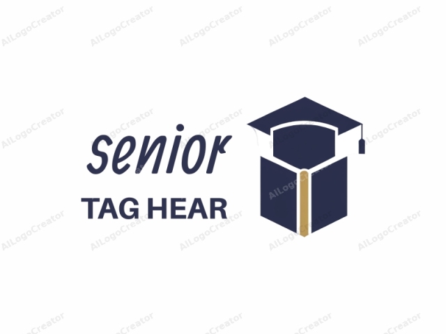 This is a minimalist digital graphic designed with clean lines and solid colors. It features a stylized depiction of a graduation cap and gown on a white background. The cap, in dark blue, is positioned centrally and tilted slightly to the left. The