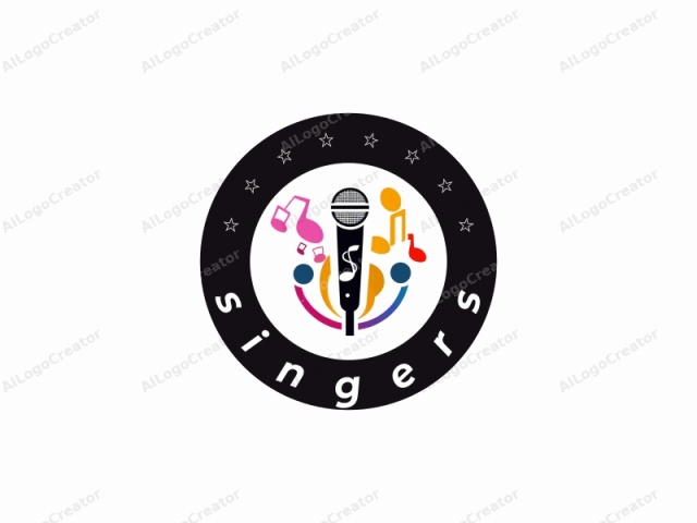 using clear and descriptive language. This is a colorful, abstract logo featuring a stylized microphone at the center. The microphone is black with a detailed mesh design on the front and a white logo of a musical note with a curved tail on the shaft