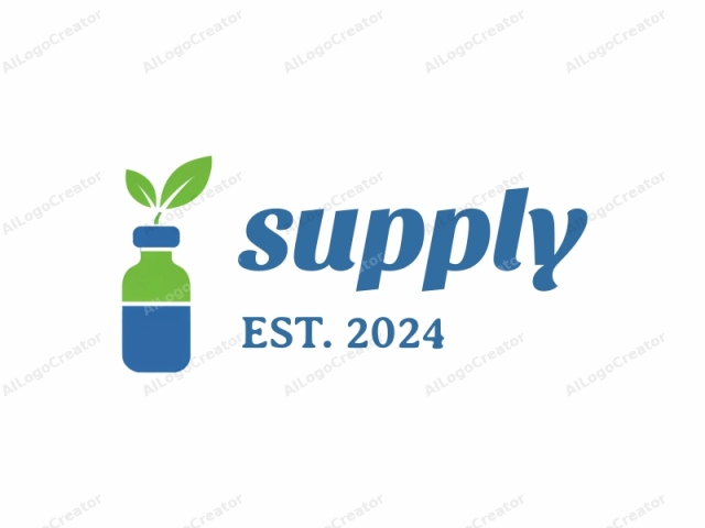 This is a simple, minimalist logo in a flat design style, depicting a bottle. The bottle is filled with a bright blue liquid, occupying the lower two-thirds of the image, and capped with a blue lid. Emerging from the blue liquid,