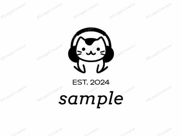 This logo features a simple, minimalist black cat design in a monochromatic scheme. The cat is portrayed in a cute and charming manner, with its face front-facing and centered. It has round, black eyes, a small triangular nose, and