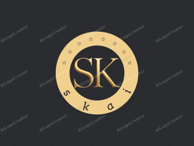 en un estilo minimalista. Esta imagen presenta un logotipo minimalista compuesto por las letras iniciales "S" y "K" en una tipografía serif. Las letras están representadas en una fuente elegante y en negrita con un tono dorado, lo que añade un toque de lujo