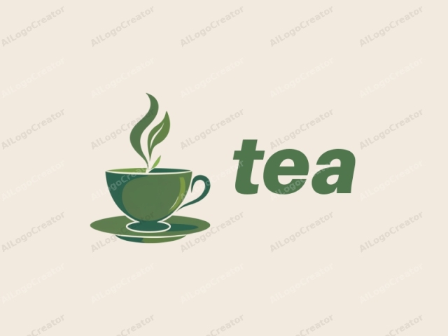 a cup of tea. The logo features a minimalist design, utilizing clean lines and simple shapes. It depicts a teacup and saucer in a monochromatic green color scheme, set against a light beige background. The teacup,