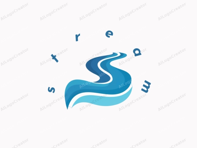 This is a minimalist digital logo image, featuring a stylized depiction of a flowing river. The logo consists of a single, curved line that represents the winding path of a river. The line is designed in varying shades of blue, starting with a