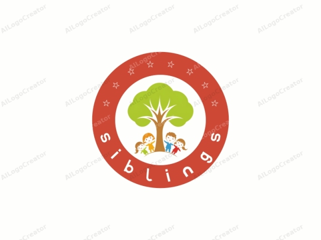 featuring stylized, minimalist children’s figures. This is a digital illustration with a flat, clean aesthetic. At the center of the image stands a large, simplified tree with a brown trunk and green leaves, representing growth and vitality. Surrounding the tree