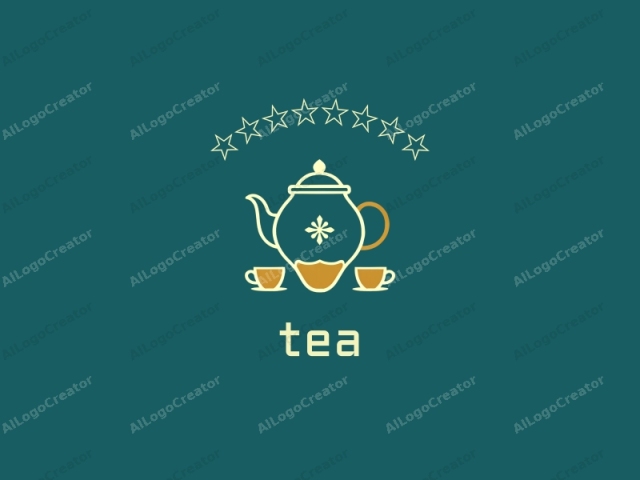 featuring a stylized, minimalist drawing of a teapot with two cups on a teal blue background. The teapot is depicted in light beige and gold tones, with its lid and handle in gold, creating a striking contrast against the teal background. The