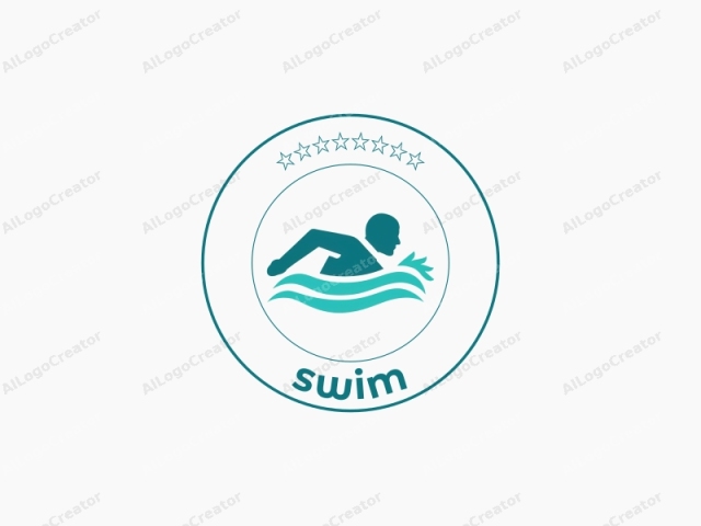 This logo is a simplistic, flat, digital illustration in teal blue, featuring a stylized silhouette of a swimmer. The swimmer is shown in a front-facing position, mid-stroke, with the head tilted slightly back and the right arm