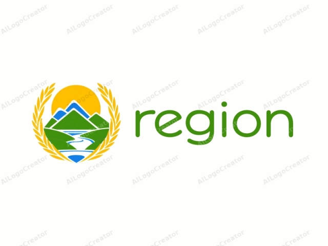 This is a simple, stylized logo featuring a symmetrical design centered on a white background. The central element is a mountain range represented by three triangular peaks, each in a different shade of green. Behind the peaks, a yellow sun is prominently