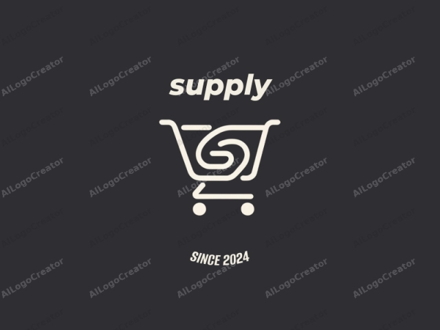 in a minimalist, modern style. This image is a logo featuring an abstract, stylized representation of a shopping cart. The design is executed in clean, thin lines with a cream or beige color against a solid black background. The shopping cart is drawn