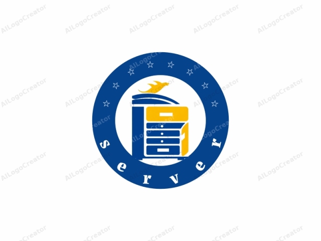 The logo features a stylized, minimalist design incorporating the colors blue, yellow, and white on a white background. At the center of the image is a tall, upright cabinet with four drawers, prominently illustrated in the style of a flat, geometric