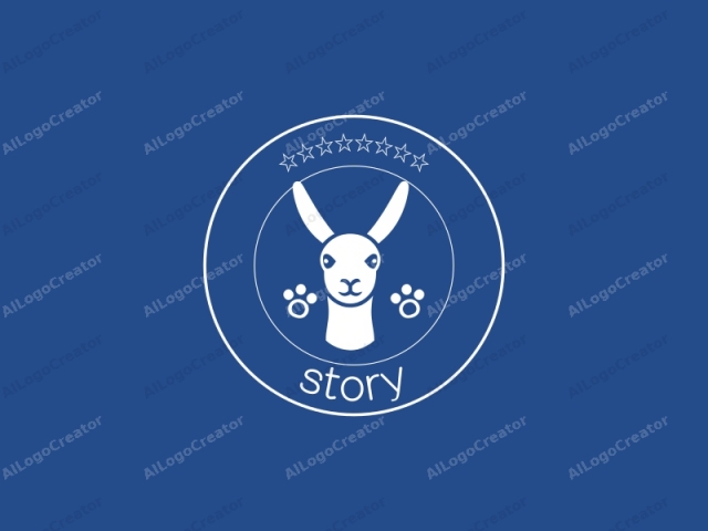 This image is a minimalist, digital logo illustration featuring a stylized white silhouette of a llama's head against a solid blue background. The llama's face is centrally positioned and prominently displayed. Its head is turned slightly to the right, showing an expression