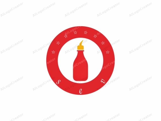 en un estilo minimalista, representando una botella de exprimir genérica de color rojo brillante con un tapón de exprimir amarillo distintivo y una boquilla corta y amarilla. La imagen carece de detalles intrincados, centrándose en la simplicidad y la claridad. La botella se representa en una forma icónica y aplanada, con