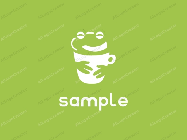 This is a minimalist, vector art logo, designed with clean lines and flat, solid colors. The logo is set against a bright, solid lime-green background. Central to the image is an abstract white drawing of a cheerful frog. The frog is