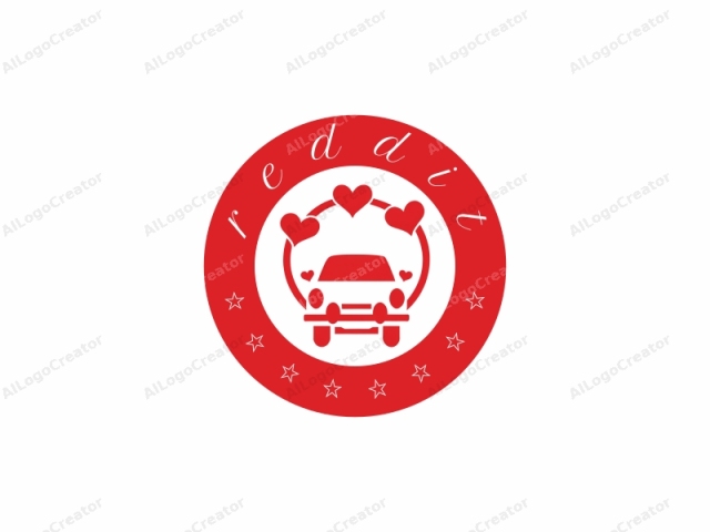 This is a minimalist, flat design logo, rendered in a bold, bright red color on a stark white background. The main subject of the logo is a stylized representation of a vintage car. The car is positioned centrally and depicted in a simple