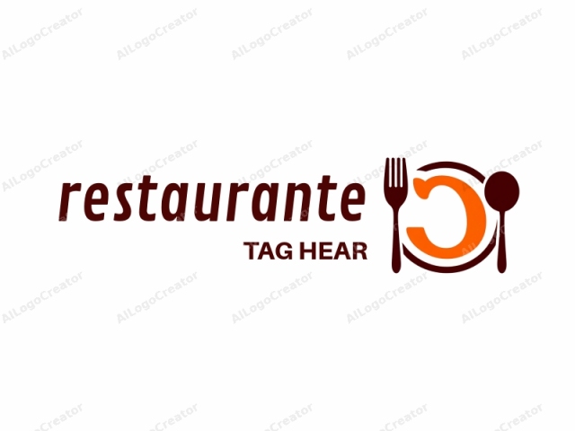 Este es un logo digital que consta de tres elementos principales: un tenedor, una cuchara y un plato. Todos los elementos están representados en un estilo moderno y simplista con líneas limpias y sin sombreado o textura adicional. El tenedor y la cuchara se representan en un marrón oscuro