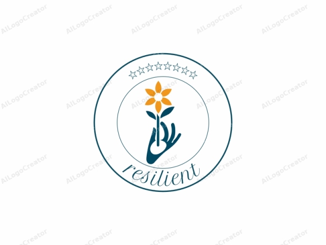 The logo is a simplistic, minimalist design featuring a stylized hand holding a flower. The hand is drawn in a solid teal color, with smooth lines that create a sense of elegance and grace. The palm and fingers are distinct, yet streamlined,