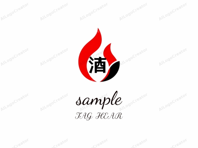 The image is a stylized, modern graphic logo, predominantly featuring red, black, and white. The central focus is a flame-like symbol, rendered in bold, flat colors with sharp, clean edges. The flame shape is composed of two large