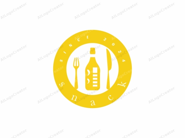 This is a minimalist, monochromatic logo depicting a set of dining utensils arranged horizontally on a white background. The utensils are rendered in a bright yellow color, which stands out starkly against the plain, unadorned white canvas