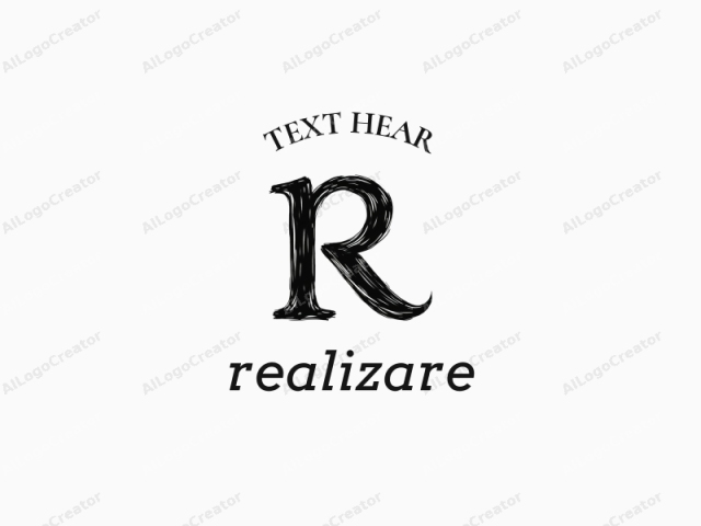 この画像は、太くて黒いブラシストロークスタイルで描かれた大文字の「R」を特徴としています。ブラシストロークの質感が目立ち、文字にラフで手描きのような外観を与えています。線の太さはさまざまで、