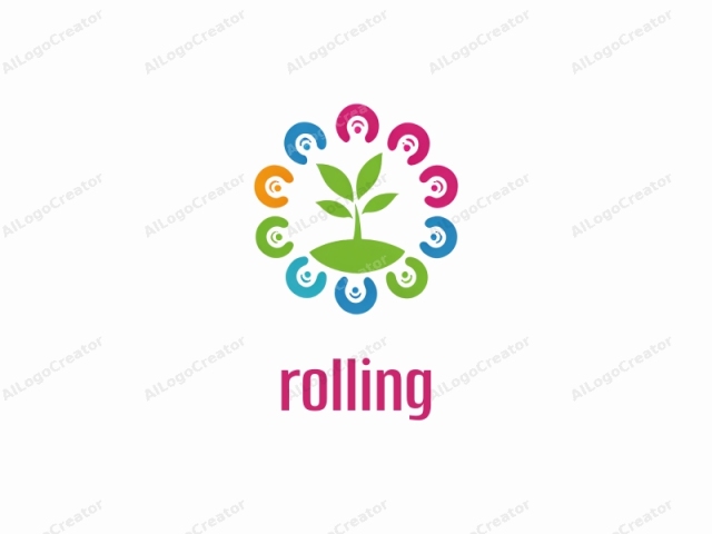 This logo is a stylized, abstract graphic featuring a central element of a green, leafy plant with three leaves and a slender trunk. Surrounding the plant are nine curved, circular shapes arranged symmetrically in a ring formation. Each circle is