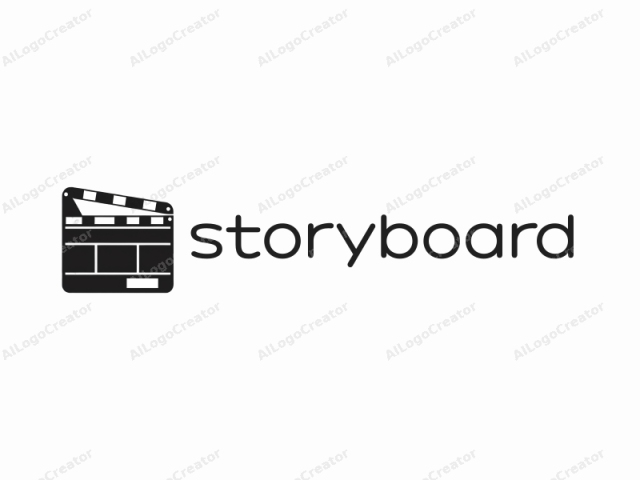 This logo image is a minimalist black-and-white drawing of a movie clapperboard, commonly known as a clapper or clapboard. The clapperboard is an essential prop used in film production to synchronize audio and video recordings. The design features