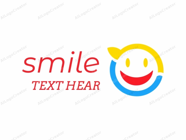 The image is a digital graphic representation of a cheerful, cartoonish face. The face features a large, round head with a broad smile, characterized by a wide-open mouth displaying white teeth. The smile curves upward on both sides, giving an impression