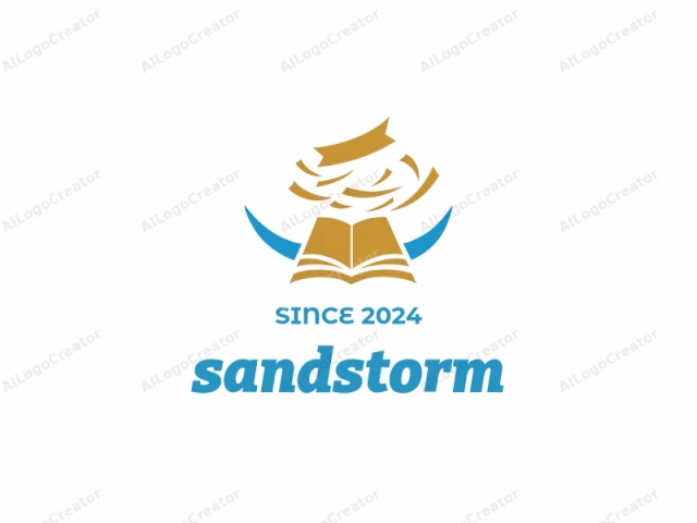 Este es un logotipo simple y estilizado que presenta un diseño abstracto. Los colores principales utilizados son oro, azul y blanco. En el centro, hay un libro estilizado con sus páginas abiertas hacia afuera. El libro está representado en oro,