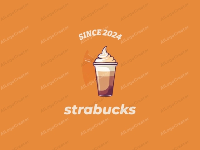 a cup of coffee with a cream top, illustrated in a flat, cartoonish style. The image is set against a solid, orange background, which enhances the vividness of the cup's colors. The cup is positioned centrally, with a slight