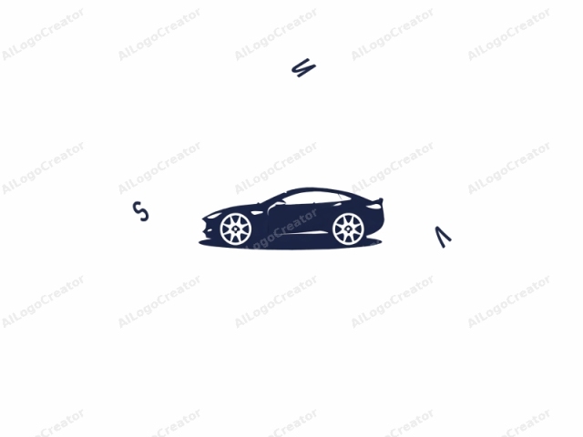 a high-performance car, depicted using a minimalist, vector-based design in a monochromatic blue color on a white background. The car is shown in side view, highlighting its sleek and aerodynamic profile. The design features sharp lines and clean,