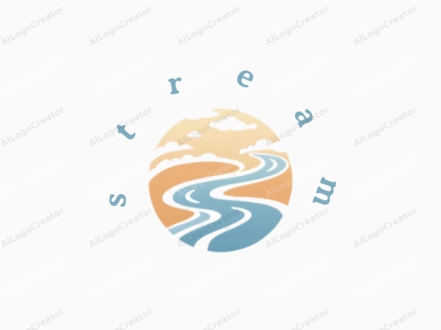 characterized by its abstract, minimalist design. The image features a stylized, simplistic logo that captures the essence of flowing water in a serene landscape. The logo consists of a circular shape divided horizontally into three color gradients: a soft beige at the top