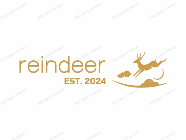 Dieses Bild ist ein minimalistisches, goldfarbenes Vektorgrafik-Logo. Es zeigt einen stilisierten Hirsch in der Mitte eines Sprungs, mit einem schlanken, eleganten Design. Der Hirsch hat einen stromlinienförmigen Körper ohne sichtbare Beine, was Bewegung und Agilität vermittelt.