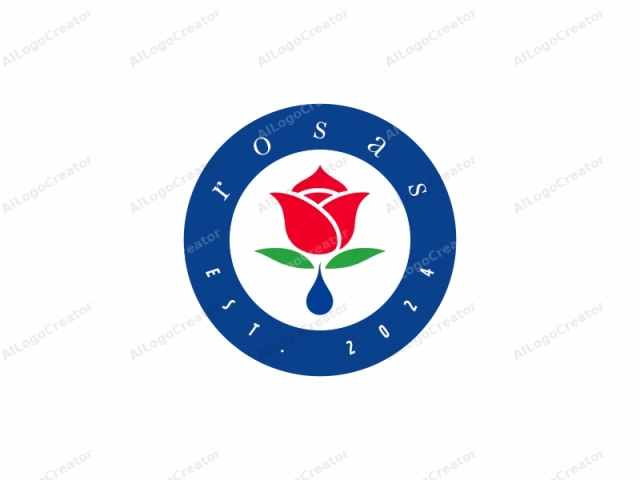 In einem minimalistischen, abstrakten Stil. Dieses Logo zeigt eine stilisierte Darstellung einer roten Rose mit grünen Blättern. Die Rose, zentral platziert, hat ein einfaches, sauberes Design ohne detaillierte Blütenblätter oder Dornen, sondern eine glatte, abgerundete Kontur