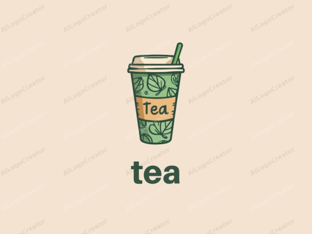 The image is a digital drawing in a minimalist, cartoon-like style, featuring a single, large cup of tea. The cup is primarily light green with a pattern of leaf silhouettes scattered throughout, creating a cohesive design. The lid is beige