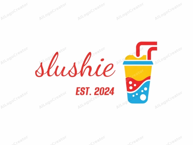 This is a simplified, digital illustration of a beverage cup filled with a vibrant, colorful drink. The cup is yellow at the top, transitions to blue in the middle, and finishes in red at the bottom. Each section is separated by a thin